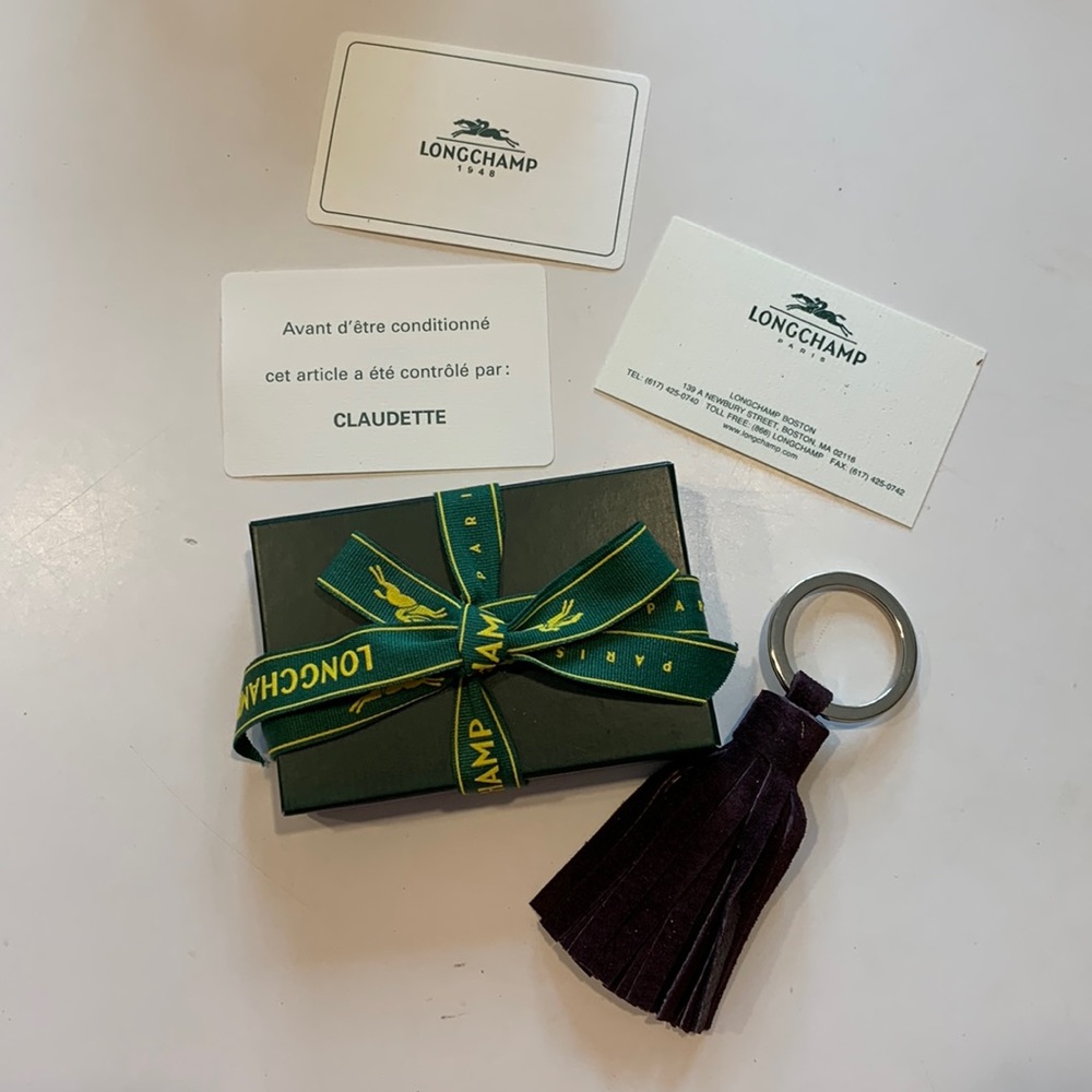 NWOT in box Longchamp Claudette brown suede tassel key ring key chain